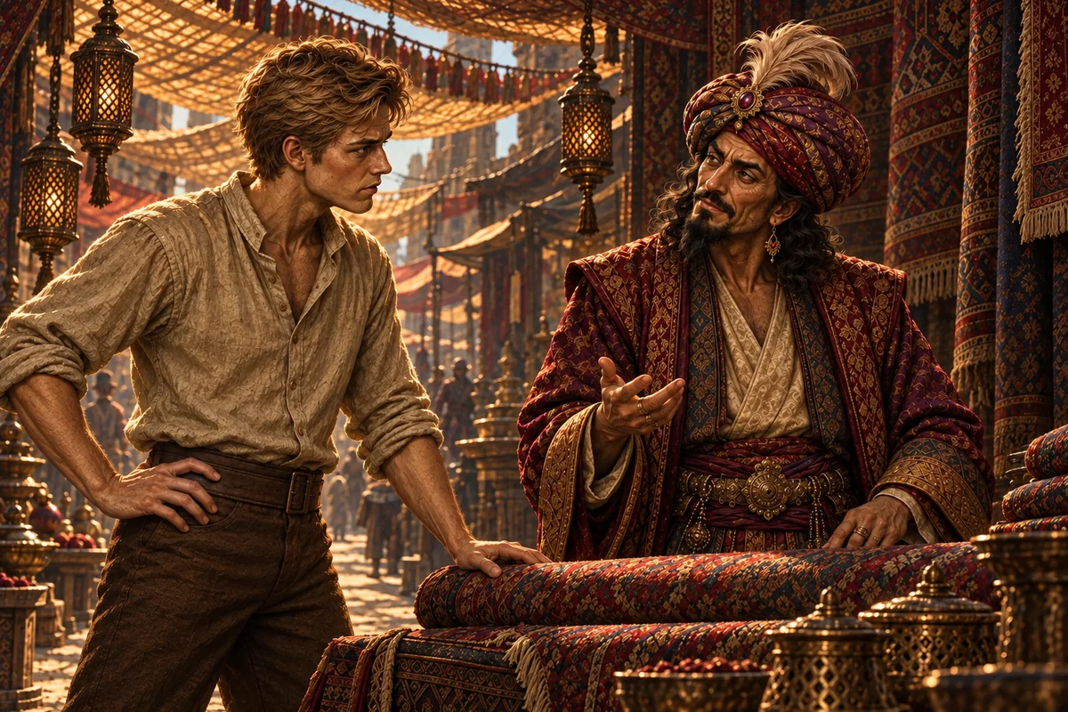 Khrychard talking to the carpet merchant