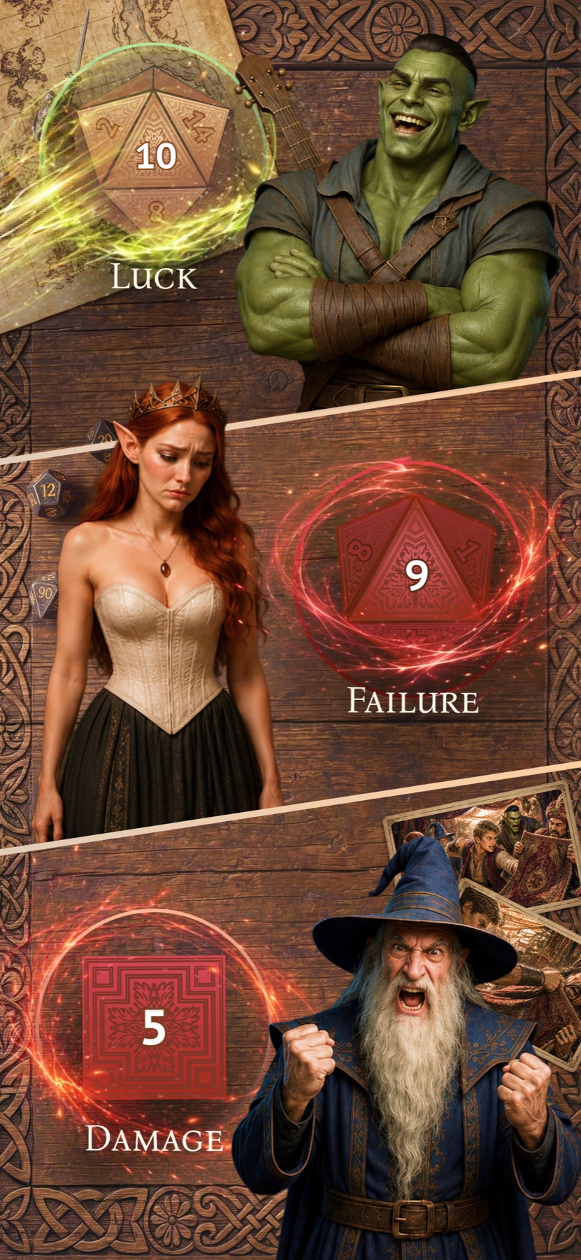 Different dice outcomes change the characters' fates