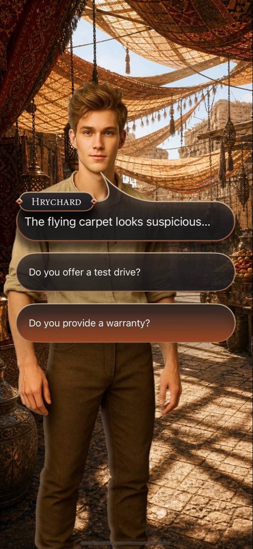 Hrychard speaks with a merchant in a fantasy bazaar