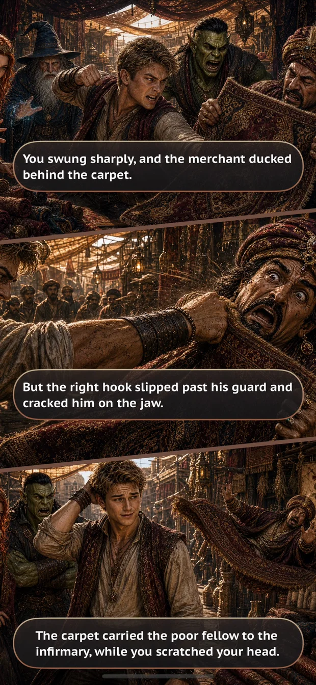 A comic showing the consequences of confronting the merchant