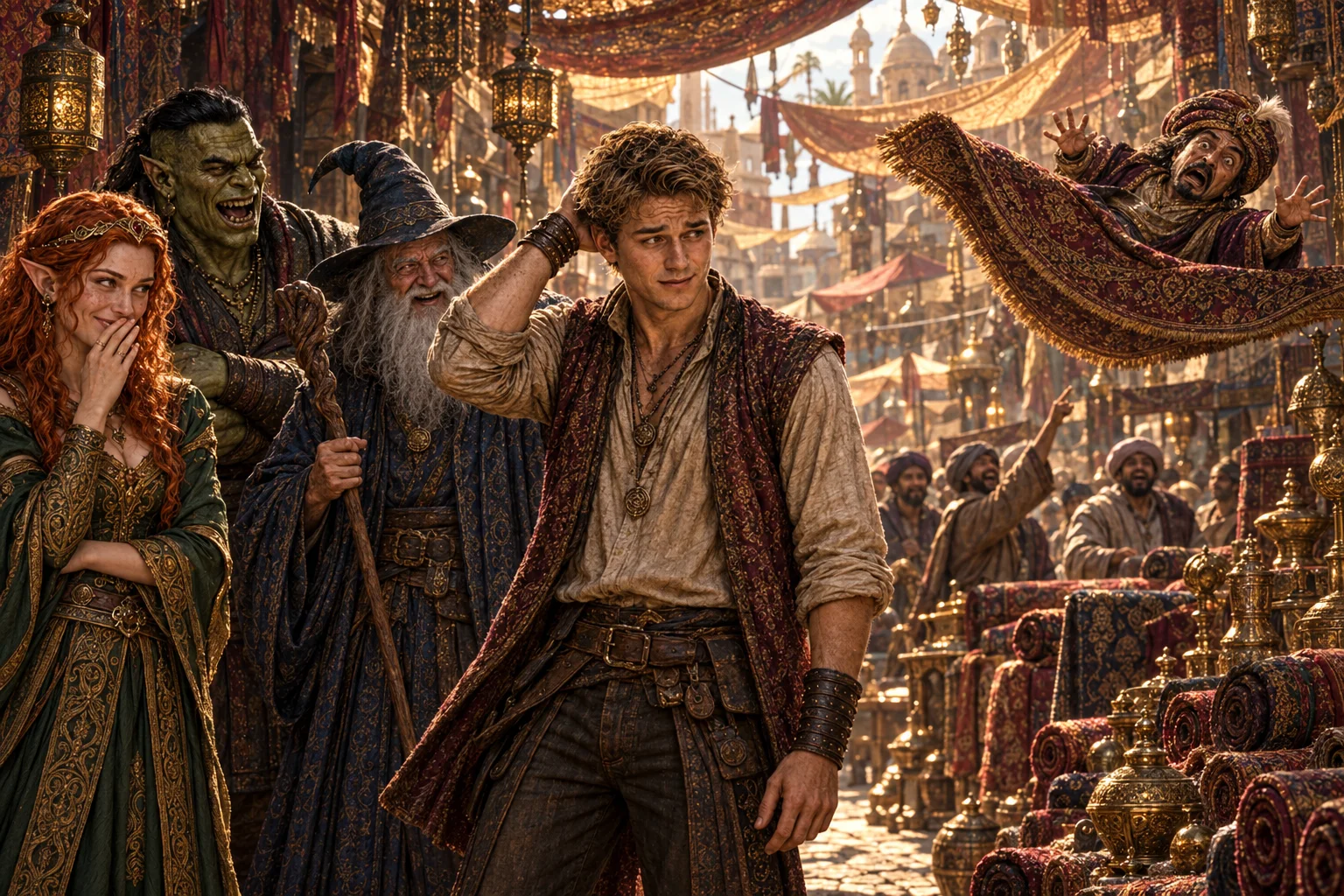 Hrychard and his companions watch the startled merchant fly away on his own carpet